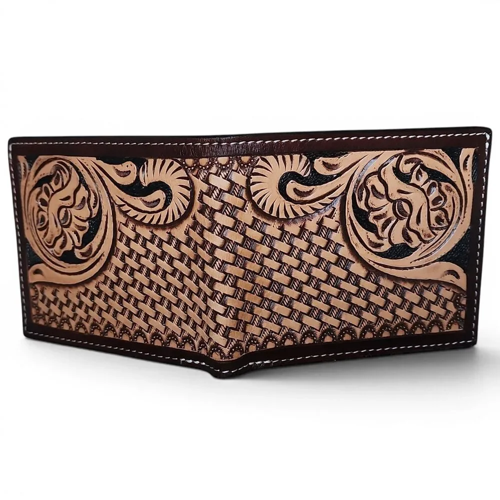 Ranger Belt Co H-306B Tooled Leather Bifold Wallet Basketweave Floral Brown NWT